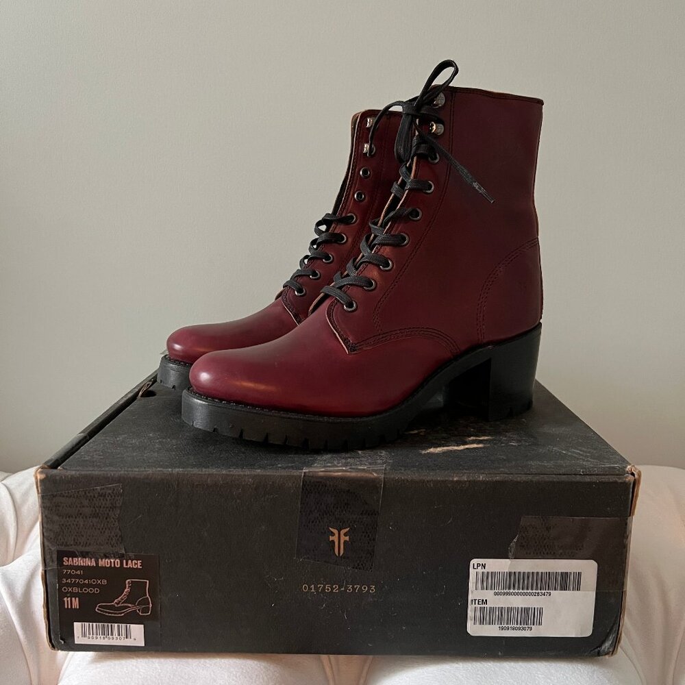 Frye Sabrina Moto Boots NIB Oxblood Leather 11 or 10.5 New Red Brown Lace up zip
